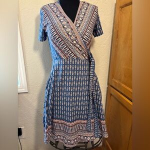 Easter inspired Wishful Park Blue Brown Wrap Midi Sundress Size small